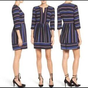 Charles Henry Shift Dress Size S Split Neck 3/4 Sleeve Striped Crepe EUC B77
